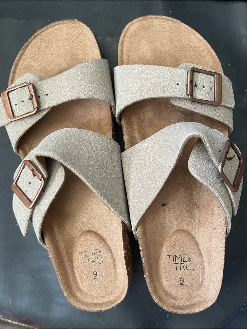Time and Tru Light Taupe Double Buckle Slide Sandals